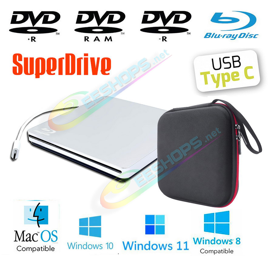 Cheap Slot-in External 6X 3D Blu-ray 8X DVD DL Burner SuperDrive + Storage Case, Best Mac Mini Pro Studio Desktop PC Book M1 M2 M3 2018 2023 2020 2024, New USB-C BD-RE DVD+-R/RW CD-R Player / Writer Portable Optical Drive w/ Touch Button Free Shipping