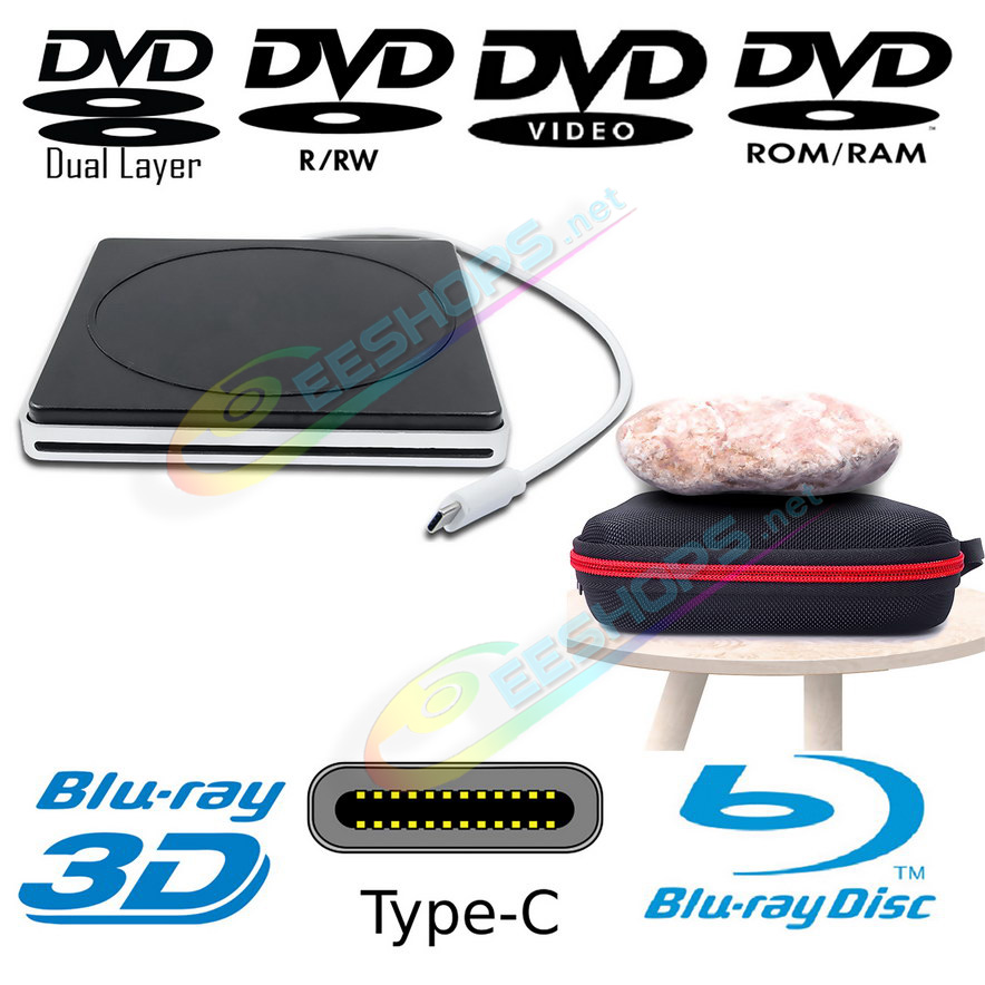 Cheap Slot-in External 6X 3D Blu-ray 8X DVD DL Burner SuperDrive + Storage Case, Best Mac Mini Pro Studio Desktop PC Book M1 M2 M3 2018 2023 2020 2024, New USB-C BD-RE DVD+-R/RW CD-R Player / Writer Portable Optical Drive w/ Touch Button Free Shipping