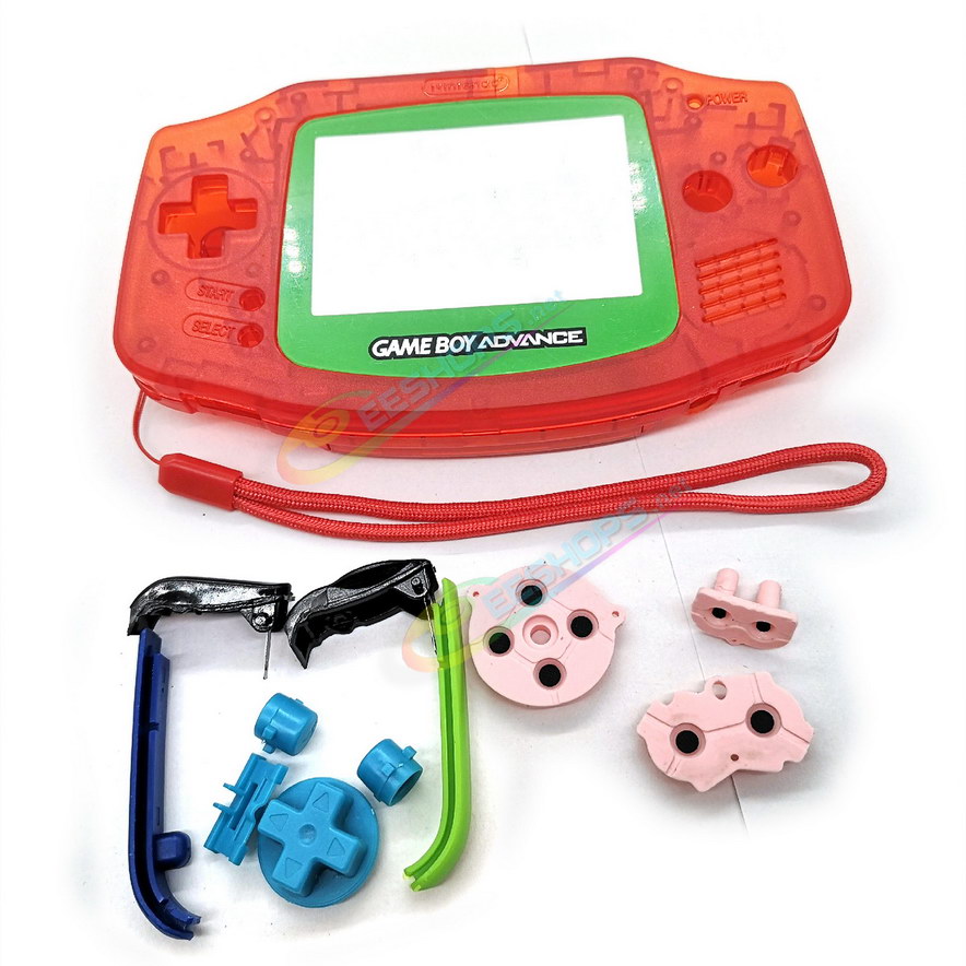 Cheap Nintendo GameBoy Advance Clear Red Housing Shells + Green Screen Cover Replacement, Best Game Boy GBA Handheld Console Custom Outer Case Enclosure, Wrist Hand Strap, Blue Buttons, Conductive Pads, Special Stickers, Screwdrivers Free Shipping