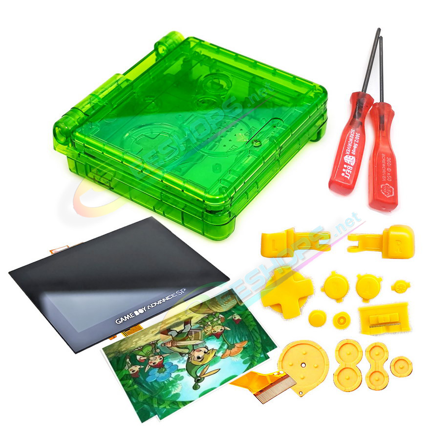 Best Nintendo GameBoy Advance SP Laminated IPS Screen + Housing Case Zelda Four Swords Edition Water Clear Green Replacement, Cheap GBA SP Handheld Game Console, V4 High Brightness LCD Display + Quality Outer Enclosure / Buttons Set Free Shipping