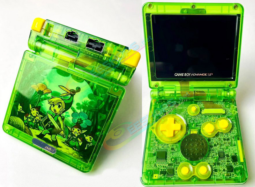 Best Nintendo GameBoy Advance SP Laminated IPS Screen + Housing Case Zelda Four Swords Edition Water Clear Green Replacement, Cheap GBA SP Handheld Game Console, V4 High Brightness LCD Display + Quality Outer Enclosure / Buttons Set Free Shipping