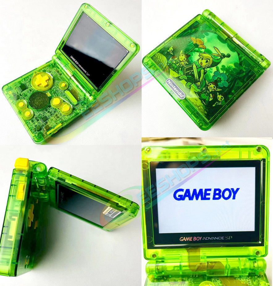 Best Nintendo GameBoy Advance SP Laminated IPS Screen + Housing Case Zelda Four Swords Edition Water Clear Green Replacement, Cheap GBA SP Handheld Game Console, V4 High Brightness LCD Display + Quality Outer Enclosure / Buttons Set Free Shipping