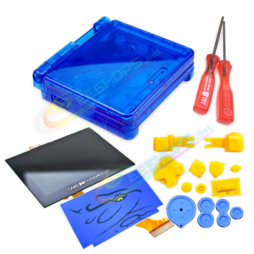 Best Nintendo GameBoy Advance SP IPS Screen + Housing Case Kyogre Edition Water Clear Blue Replacement, Cheap GBA SP Handheld Game Console, New Customized V4 Lamination Brightness LCD Display + High Quality Outer Enclosure / Buttons Set Free Shipping