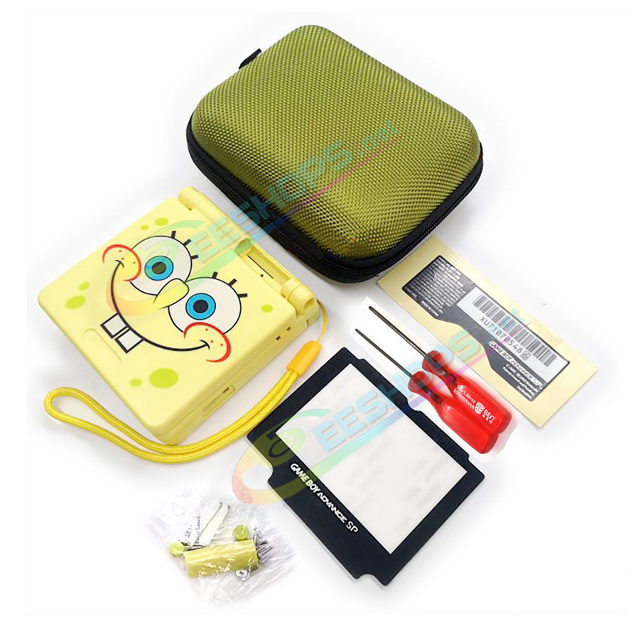 Cheap Nintendo GameBoy Advance SP Extra Housing Case Shells SpongeBob SquarePants Edition + Carry Bag Replacement, Game Boy Advanced GBA SP Console, DIY Yellow Outer Enclosure + Screen Cover, Buttons, Screws, Stickers, Tools Full Set Free Shipping