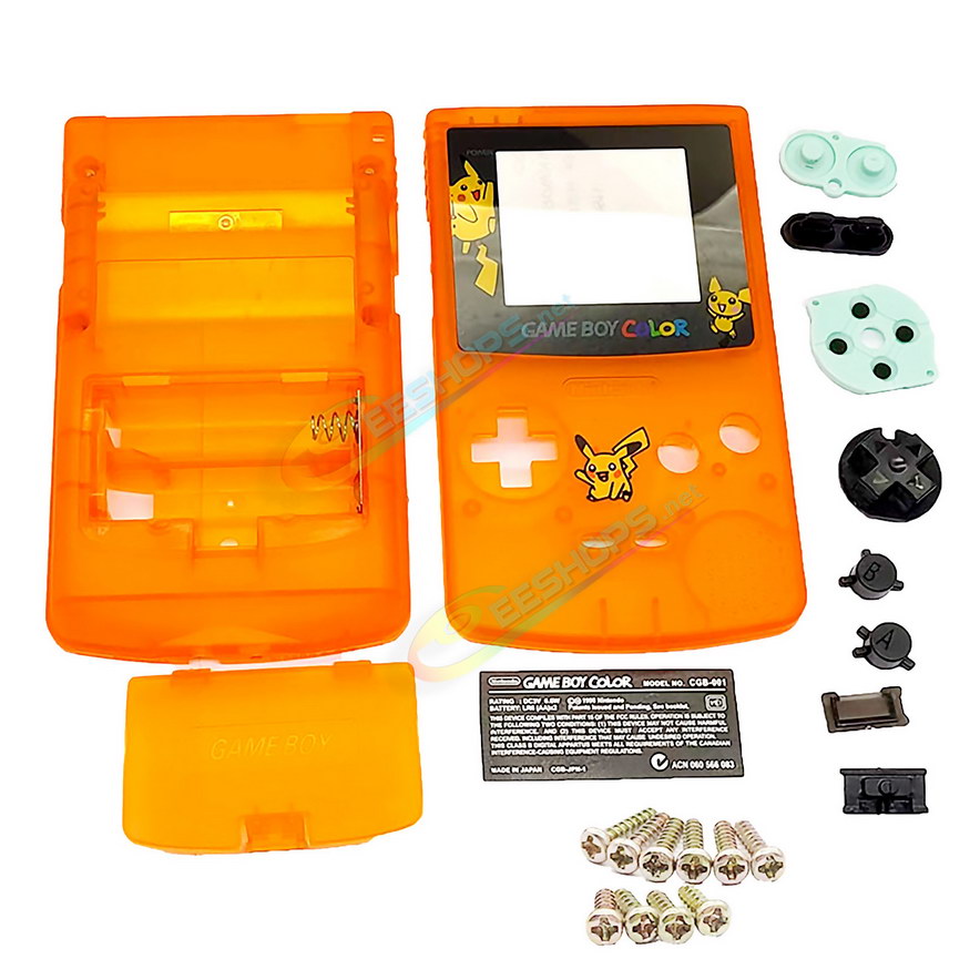 Cheap New Nintendo GameBoy Color Extra Shell Housing Case Full Set Pikachu Edition Clear Orange, Best Game Boy Colored GBC Handheld Console, Custom DIY Outer Case Enclosure + Screen Cover, Screws, Buttons, Rubber Pads, Sticker Free Shipping