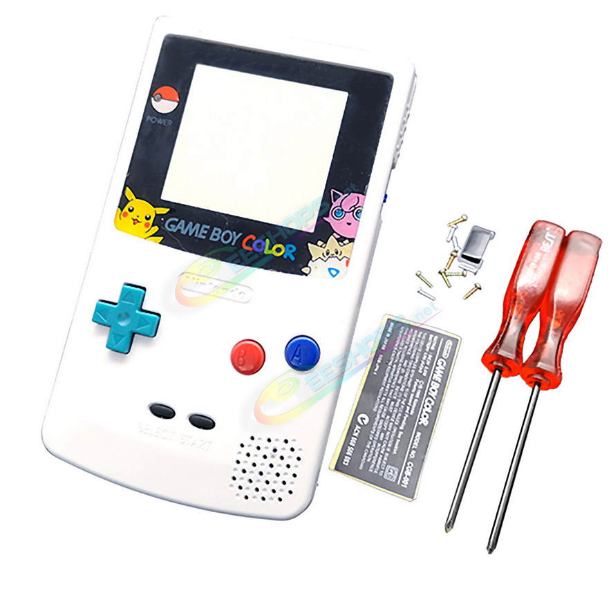 Cheap Nintendo GameBoy Color Extra Shell Housing Case Full Set Pokemon Edition White, Best Game Boy Colored GBC Console, Custom DIY Outer Case Enclosure + Pikachu Screen Cover, Screws, Buttons, Rubber Pads, Sticker, Screwdrivers Free Shipping