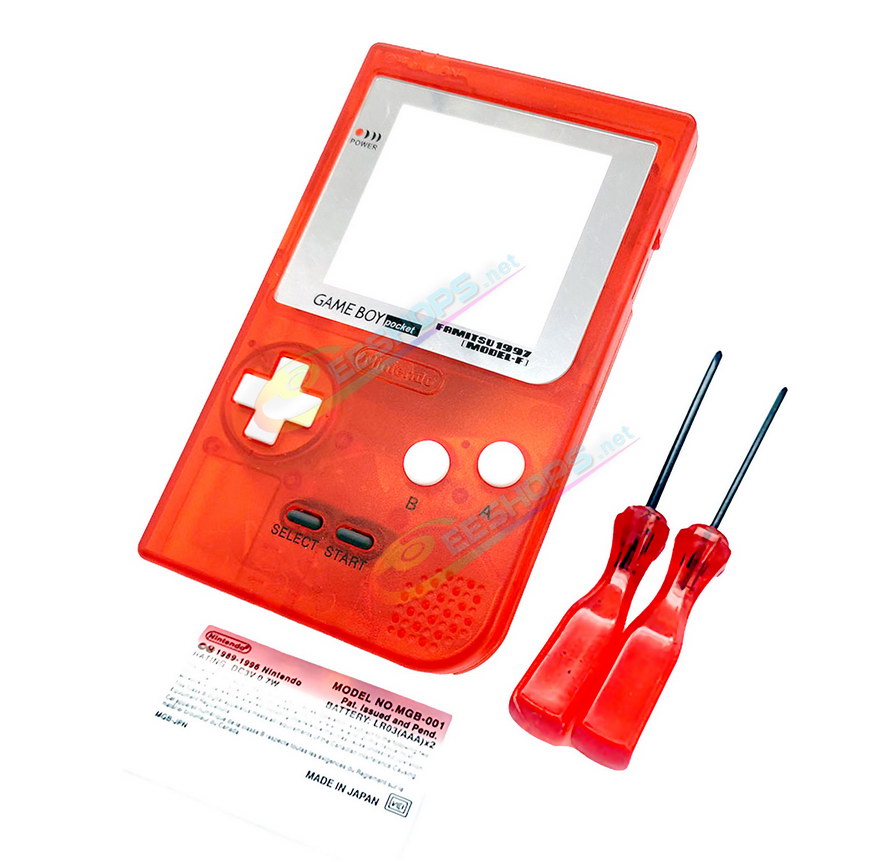 Cheap Nintendo GameBoy Pocket Extra Shell Housing Case Clear Red Replacement, Best Game Boy GBP Handheld Console, Custom DIY Outer Enclosure + Silver Screen Cover, Screws, White Buttons, Rubber Pads, Sticker, Screwdrivers Free Shipping