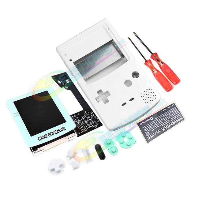 Customized Nintendo GameBoy Color Cyan IPS Screen Kit + Extra White Housing Case Replacement, Best Game Boy GBC Handheld Console, New DIY Full Lamination Brightening LCD Display Mod + Special Outer Enclosure Shells + Buttons, Tool Set Free Shipping