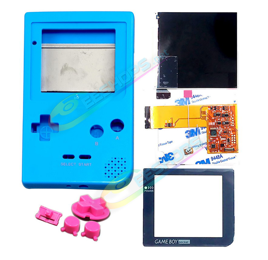 Cheap Nintendo GameBoy Pocket IPS Screen Mod Kit + Dedicated Sky Blue Housing Case Replacement, Best Game Boy GBP Handheld Game Console, Customized Dot-by-Dot High Brightness LCD Display + Black Glass Protective Cover + Rose Buttons Set Free Shipping