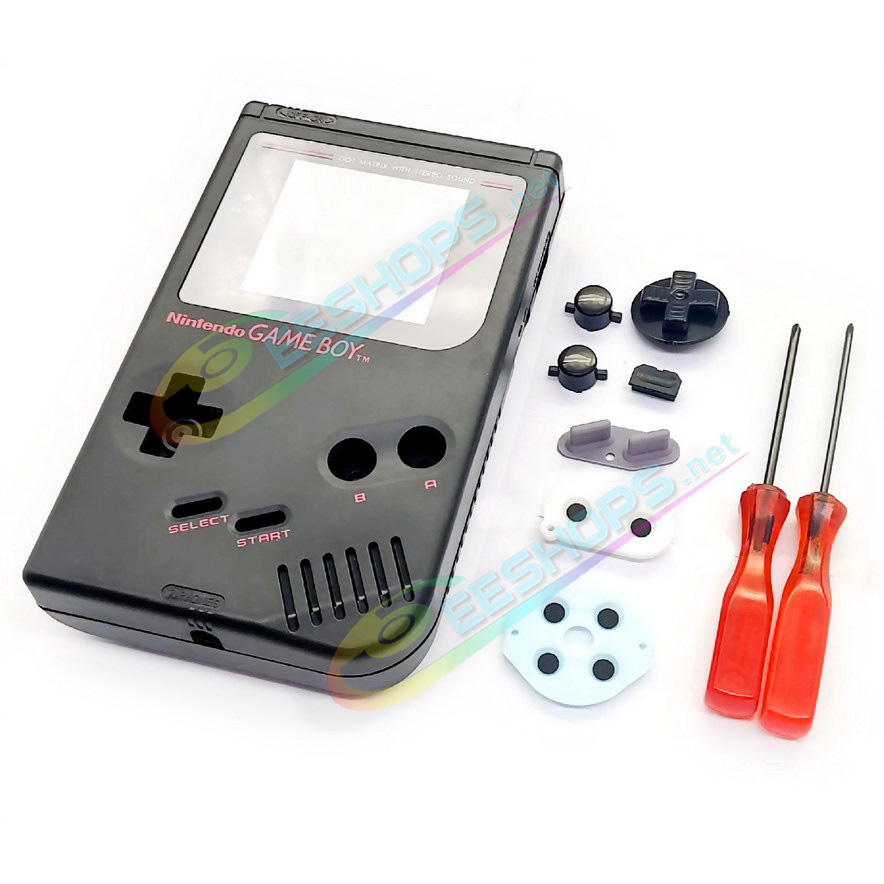 Cheap Nintendo GameBoy Extra Housing Case Full Set Black Shells / Red Logo Replacement, Best Game Boy DMG-01 Original Fat Handheld Console, New Top / Bottom Outer Enclosure + Protective Screen Cover + Buttons + Rubber Pads + Repair Tool Free Shipping