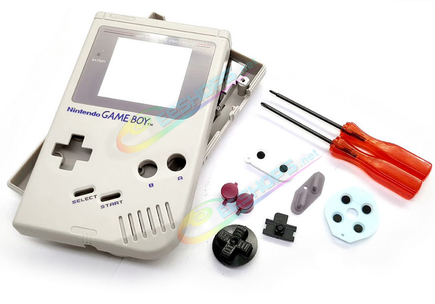 Cheap Nintendo GameBoy Extra Housing Case Shells Full Set Official Classic Grey Color Replacement, Best Game Boy DMG-01 Original Fat Handheld Console, DIY Outer Enclosure + Protective Screen Cover + Buttons + Rubber Pads + Repair Tool Free Shipping