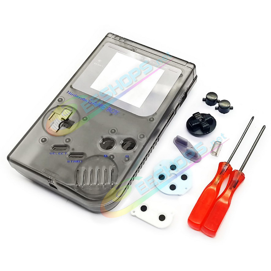 Cheap Nintendo GameBoy Extra Housing Case Shells Full Set Clear Black Replacement, Best Game Boy DMG-01 Original Fat 1ST Gen Handheld Console, DIY Transparent Outer Enclosure + Protective Screen Cover + Buttons + Rubber Pads + Tool Free Shipping