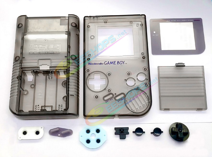 Cheap Nintendo GameBoy Extra Housing Case Shells Full Set Clear Black Replacement, Best Game Boy DMG-01 Original Fat 1ST Gen Handheld Console, DIY Transparent Outer Enclosure + Protective Screen Cover + Buttons + Rubber Pads + Tool Free Shipping