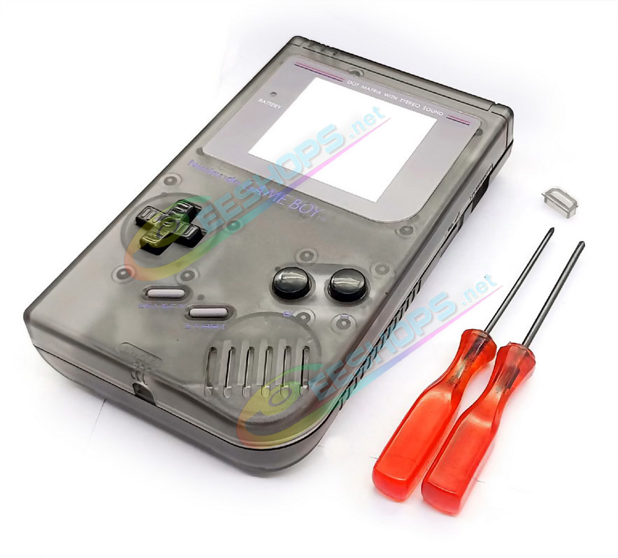 Cheap Nintendo GameBoy Extra Housing Case Shells Full Set Clear Black Replacement, Best Game Boy DMG-01 Original Fat 1ST Gen Handheld Console, DIY Transparent Outer Enclosure + Protective Screen Cover + Buttons + Rubber Pads + Tool Free Shipping