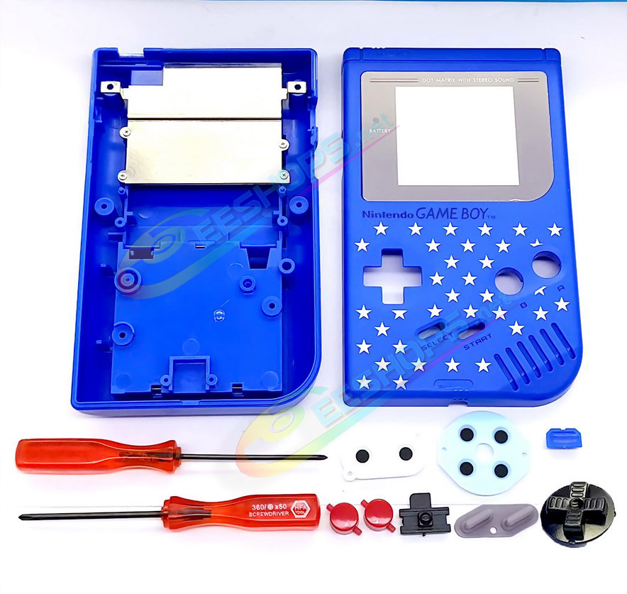 Cheap Nintendo GameBoy Extra Housing Case Shells Replacement Blue Color The Stars Edition + Collection Box Complete Set, Best Game Boy DMG-01 Fat Handheld Console, DIY Outer Enclosure + Grey Screen Cover, Buttons, Screws, Pads, Tools Free Shipping