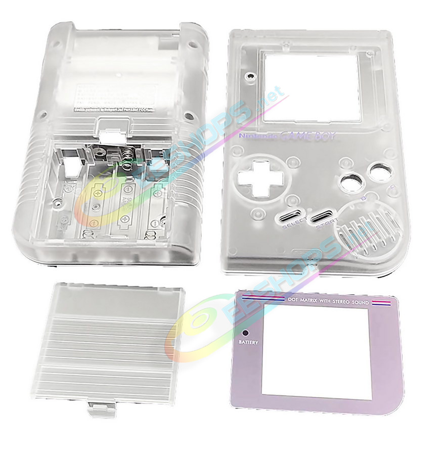 Cheap Nintendo GameBoy Extra Housing Case Shells Replacement Clear White Full Set, Best Game Boy DMG-01 Fat Handheld Console, DIY Transparent Top / Bottom Outer Enclosure + Grey Classic Screen Cover, Screws, Buttons, Rubber Pads, Tools Free Shipping