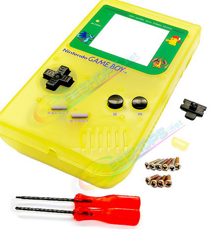 Best Nintendo GameBoy Extra Housing Case Shell Replacement Luminous Clear Yellow Pokemon Limited Edition, Cheap Game Boy DMG-01 Fat Handheld Console, Outer Enclosure + Pikachu Screen Cover, Buttons, Screws, Pads, Sticker, Tool Full Set Free Shipping