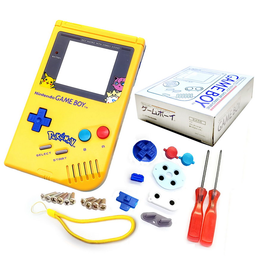 Cheap Nintendo GameBoy Extra Housing Case Shells Replacement Pokemon Edition + Collection Box Complete Set, Best Game Boy DMG-01 Fat Handheld Console, Yellow Top / Blue Bottom Outer Enclosure + Hand Strap, Screen Cover, Buttons, Tools Free Shipping