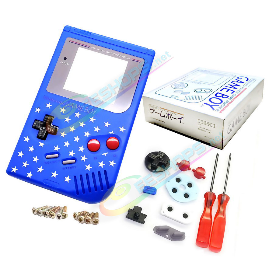 Cheap Nintendo GameBoy Extra Housing Case Shells Replacement Blue Color The Stars Edition + Collection Box Complete Set, Best Game Boy DMG-01 Fat Handheld Console, DIY Outer Enclosure + Grey Screen Cover, Buttons, Screws, Pads, Tools Free Shipping