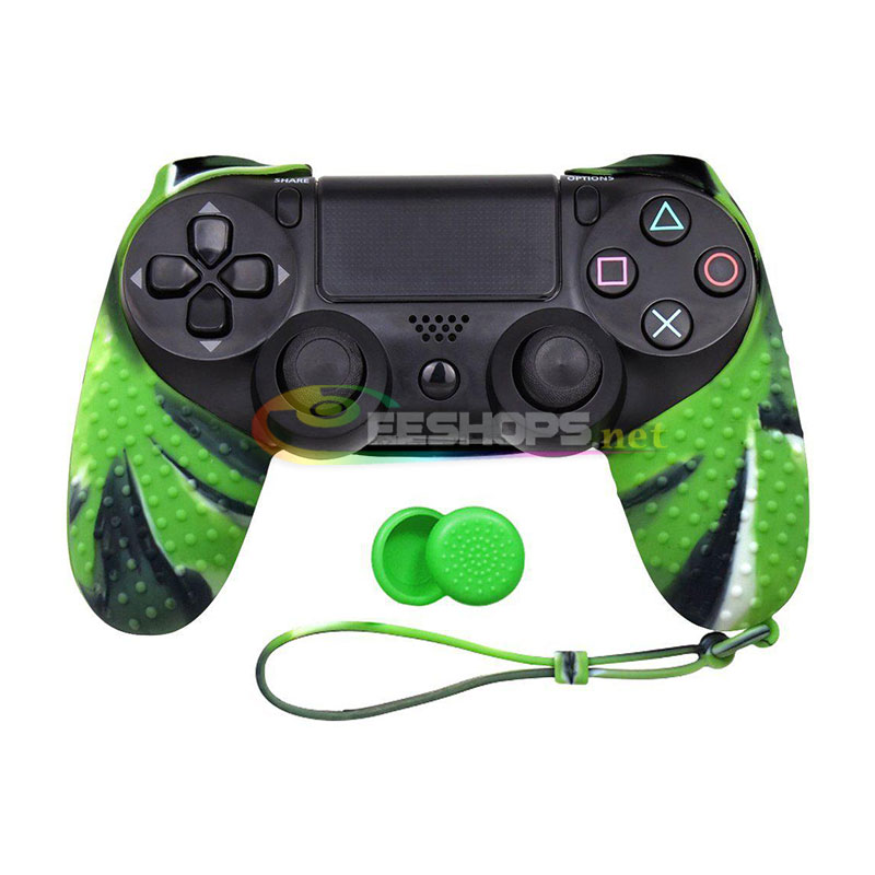 Best New Silicone Skin Protector Case Rubber Half Covered Armor Sleeve for Sony Playstation 4 PS4 PS4 Slim PS4 Pro Wireless Controller Camouflage Green W/ Strap Free Thumb Grips